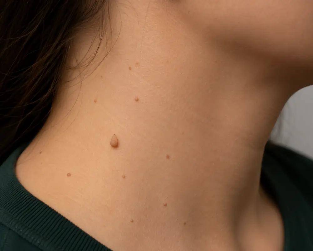 Small skin tags on the side of a person's neck
