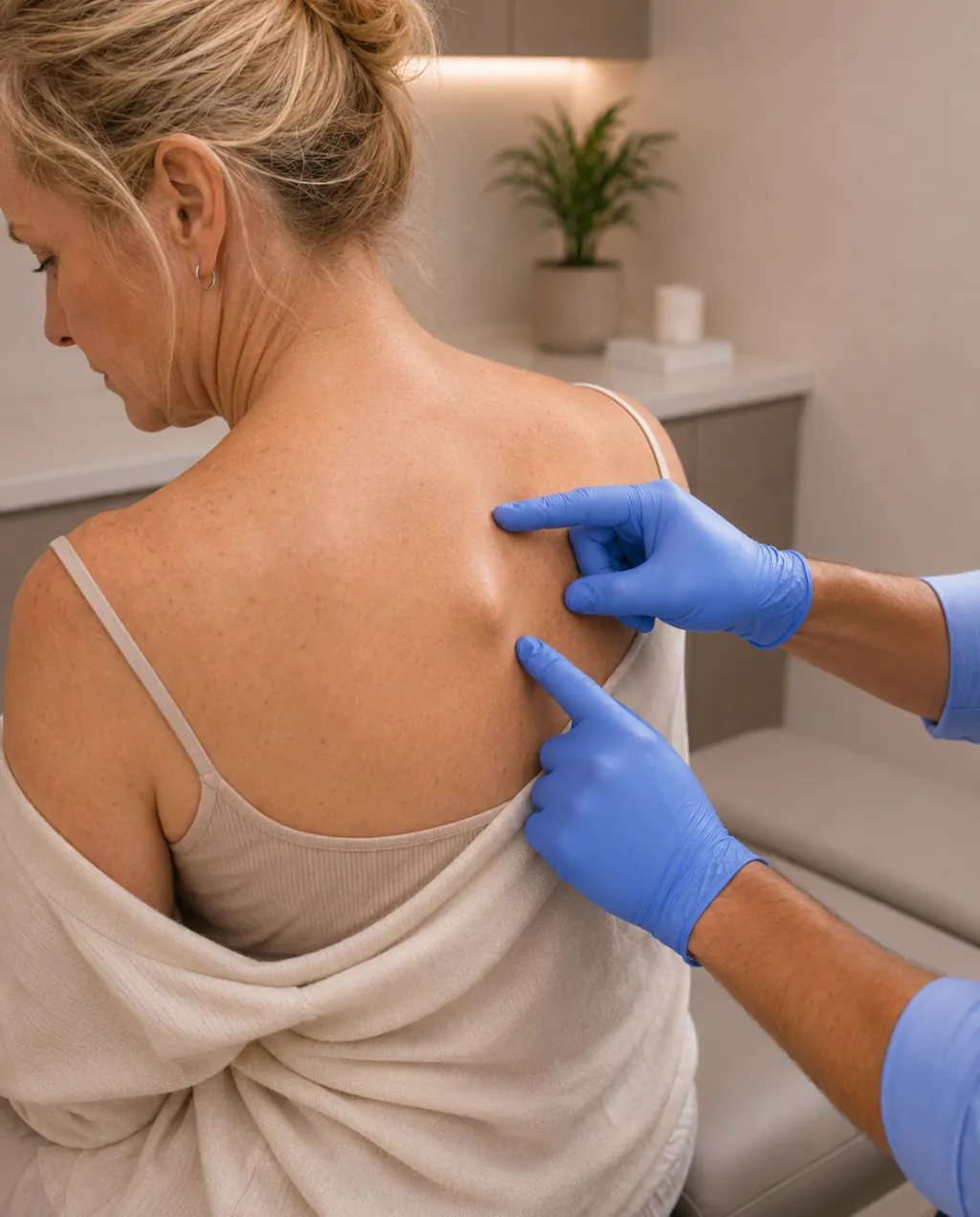 Lipoma on a patient's back ahead of lipoma removal.