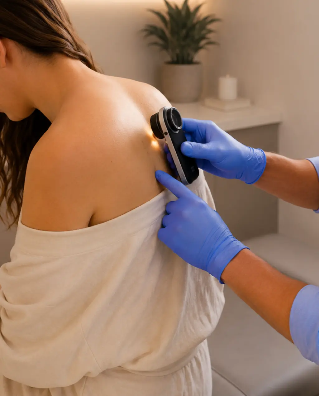 Consultant assessing a patient's skin lesion ahead of skin cancer removal.