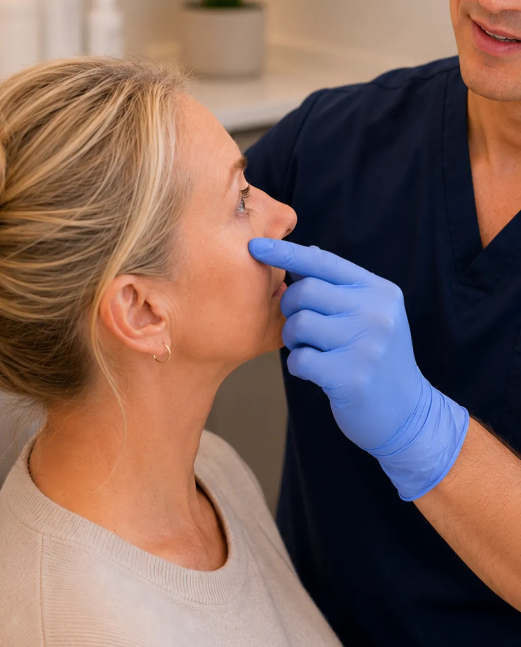Consultant assessing xanthelasma plaques around a patient's eyes before removal.
