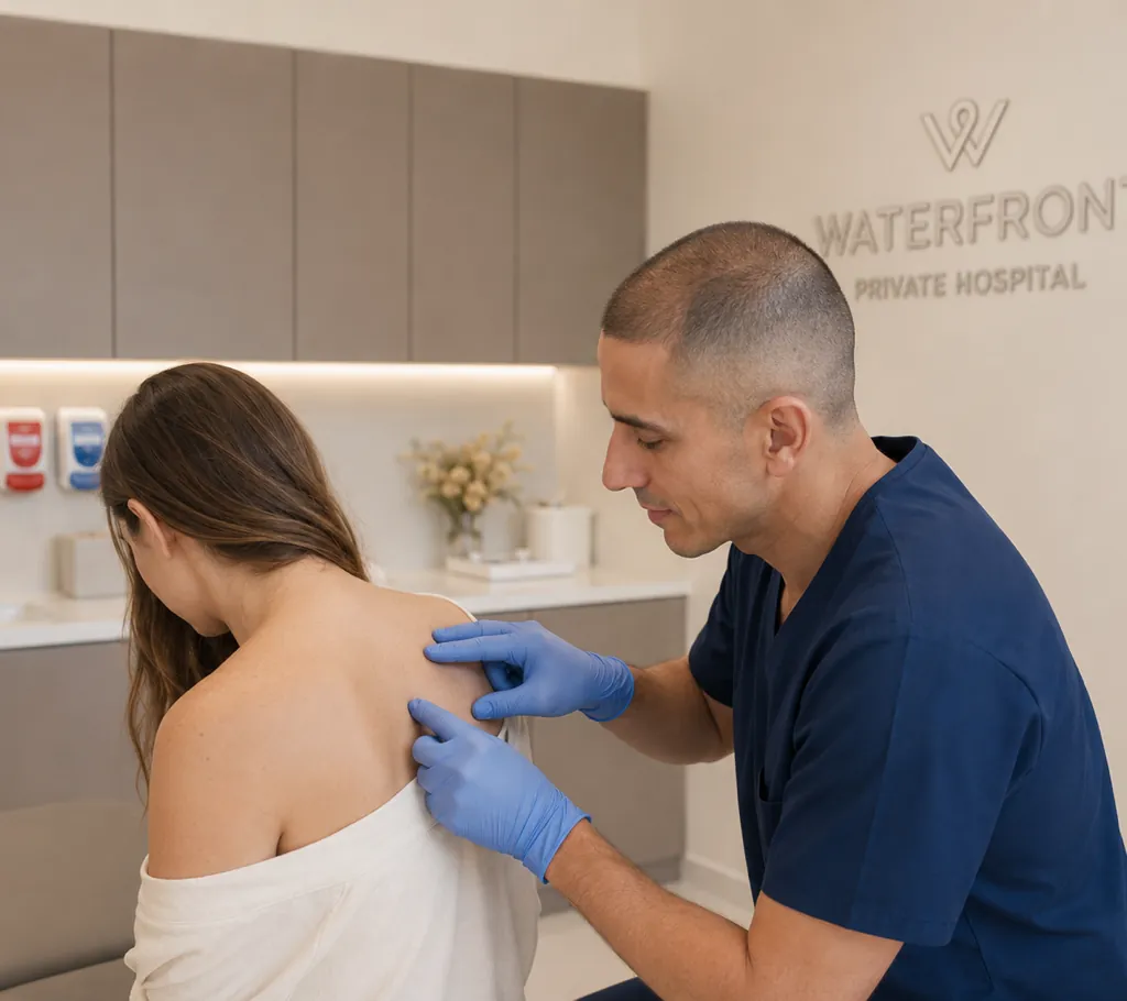 Consultant examining a patient's skin lesion during a consultation at Skin Surgeons Edinburgh.