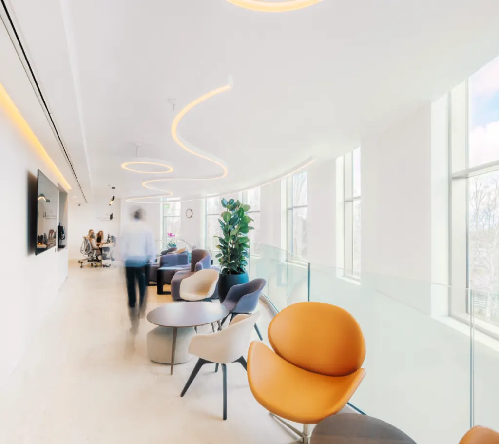 Sunlit upper-floor patient lounge at the Waterfront Private Hospital, Edinburgh.