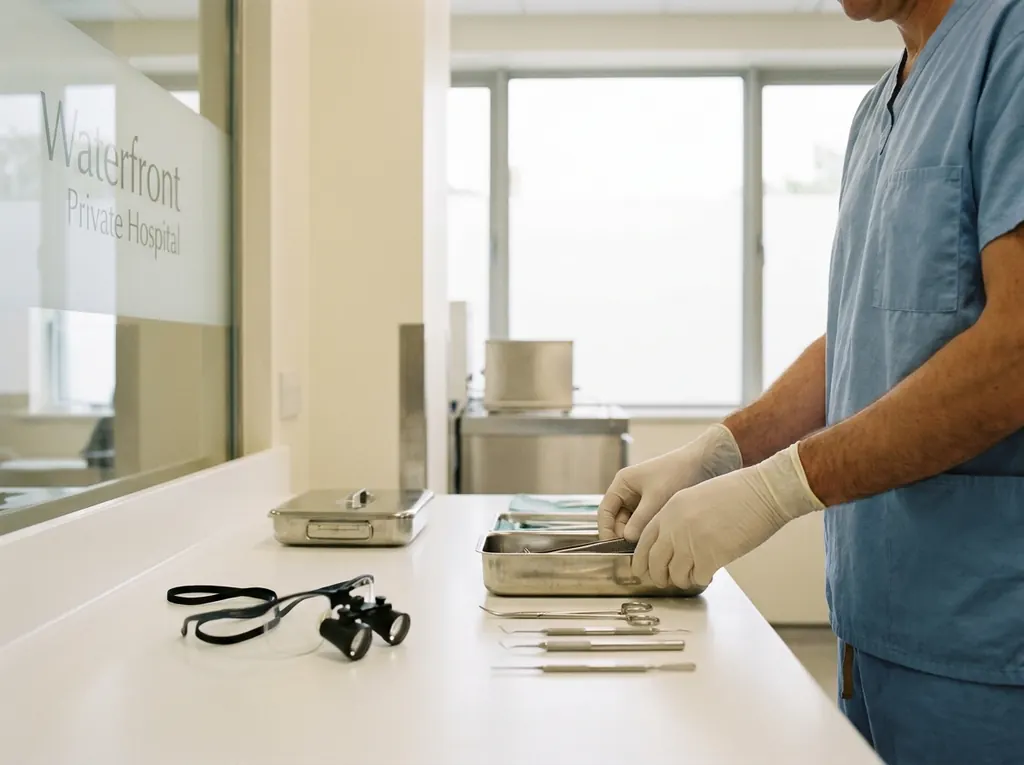 Sterile preparation area — gloved hands arranging surgical loupes and precision dermatology instruments.